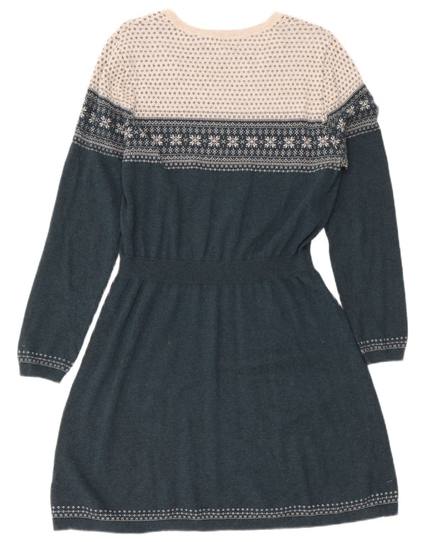 Fat Face Dame Langærmet Jumper Dress UK 16 Large Green Fair Isle Cotton