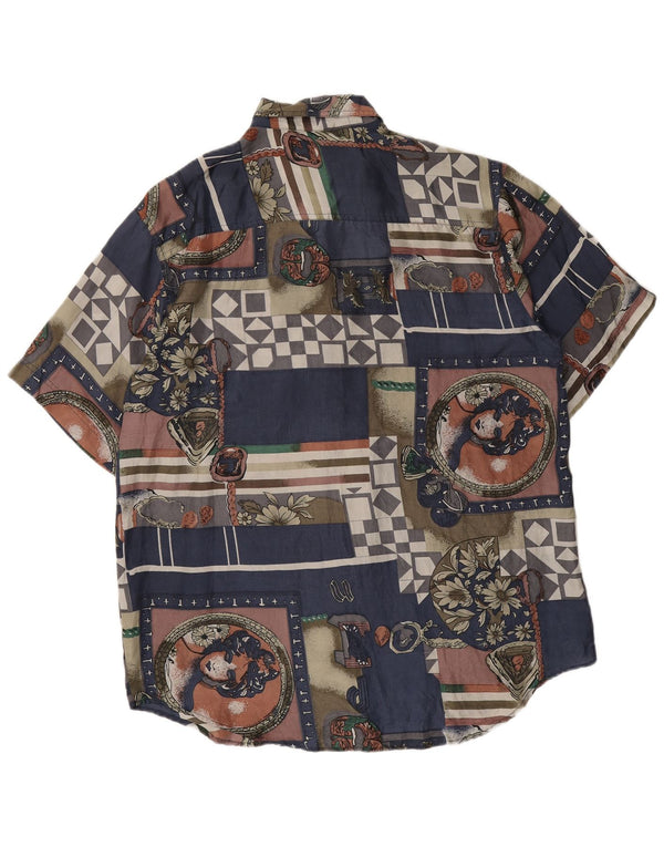 Camicia a maniche corte vintage da uomo con motivo astratto in seta blu navy media