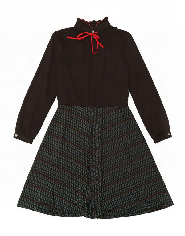Abito a trapezio a maniche lunghe da donna vintage UK 12 a righe nere medie