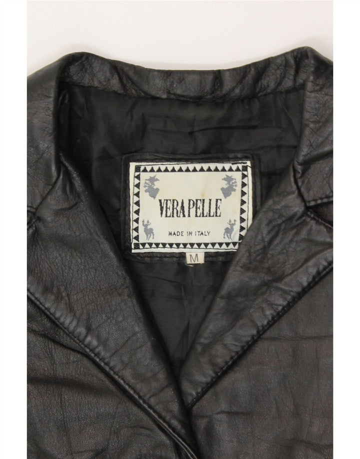 VINTAGE Womens 3 Button Leather Blazer Jacket UK 12 Medium Black Leather