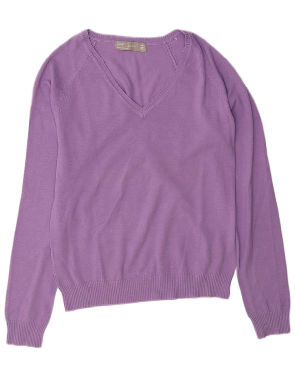Zara Pull col en V pour femme UK 14 Large Violet Coton