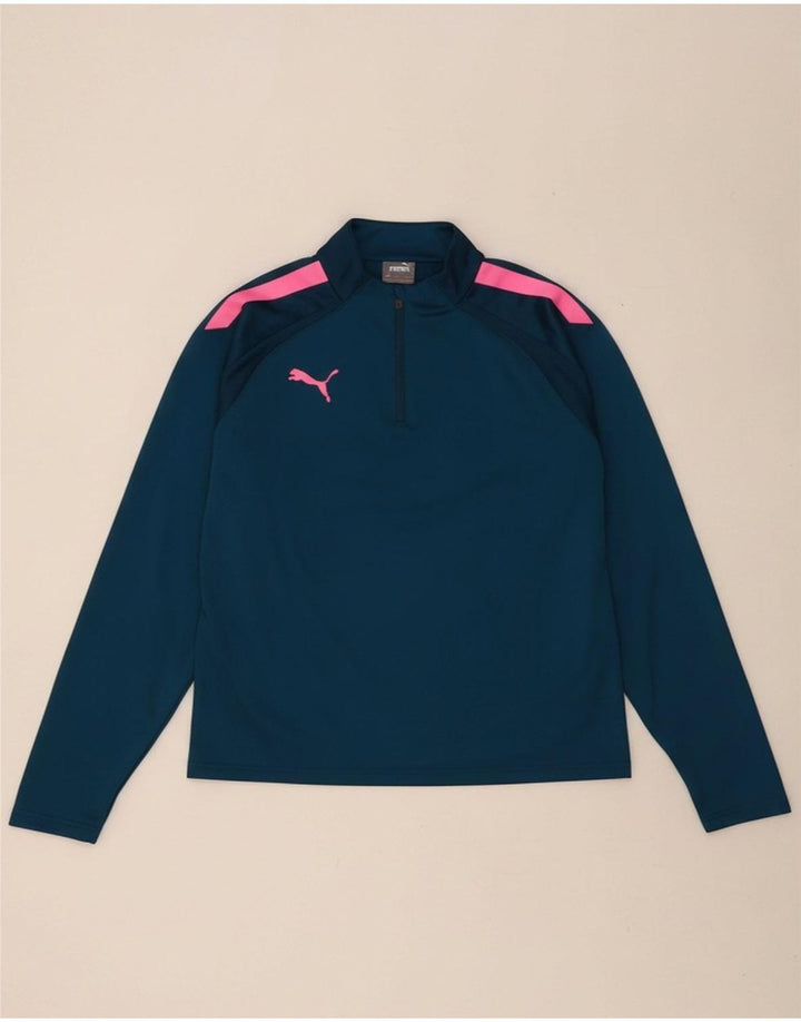 PUMA Mens Zip Neck Pullover Tracksuit Top Large Blue Colourblock Polyester