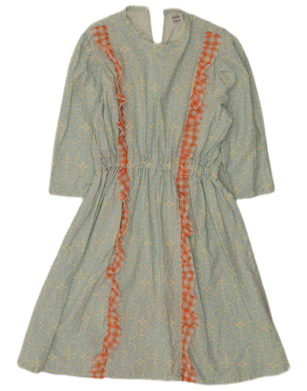 Vestido feminino vintage manga 3/4 linha A UK 12 azul médio floral