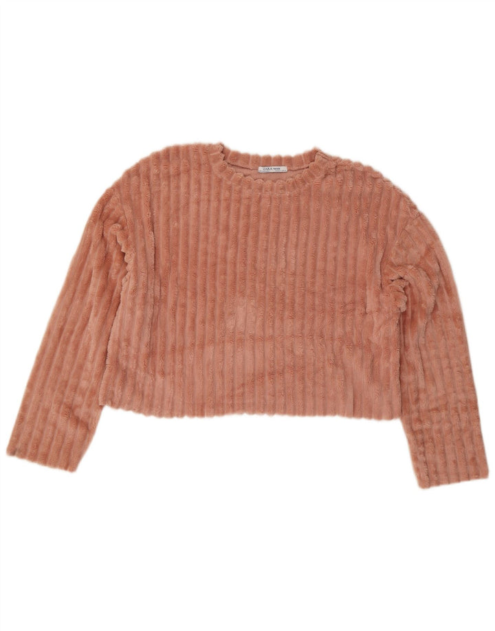 Zara Womens Crop Velour Oversized Bluse Top UK 10 Small Pink Polyester