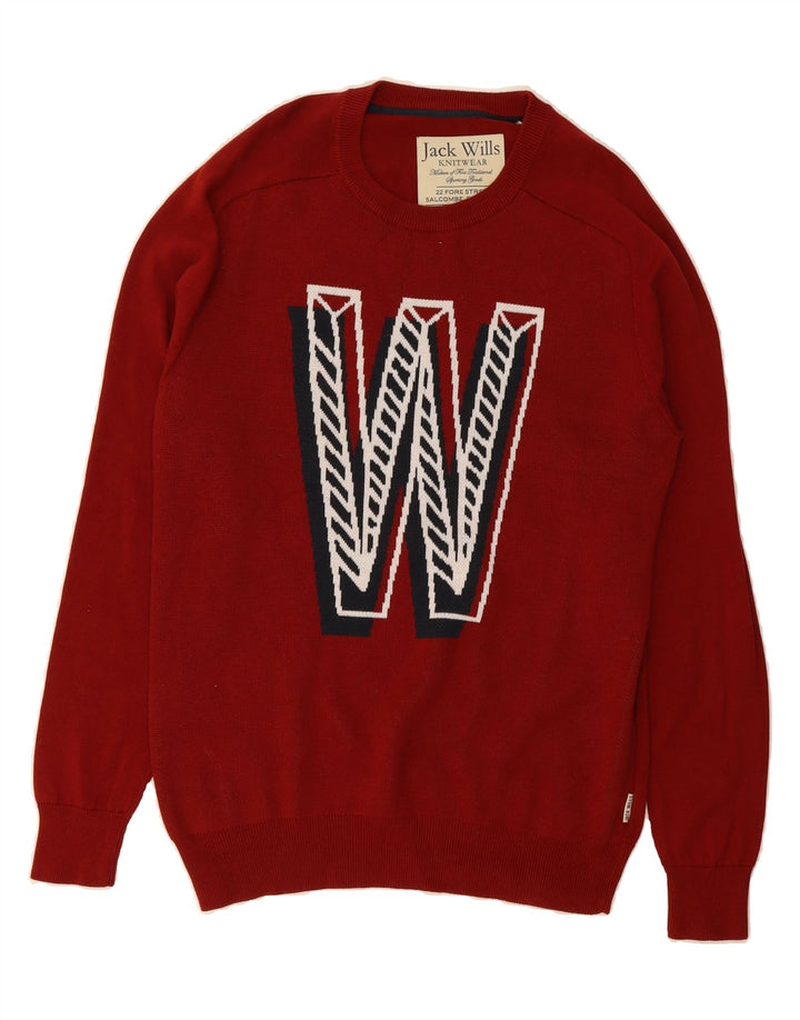 JACK WILLS Mens Graphic Crew Neck Jumper Sweater Large Burgundy Cotton Vintage Jack Wills and Second-Hand Jack Wills from Messina Hembry 