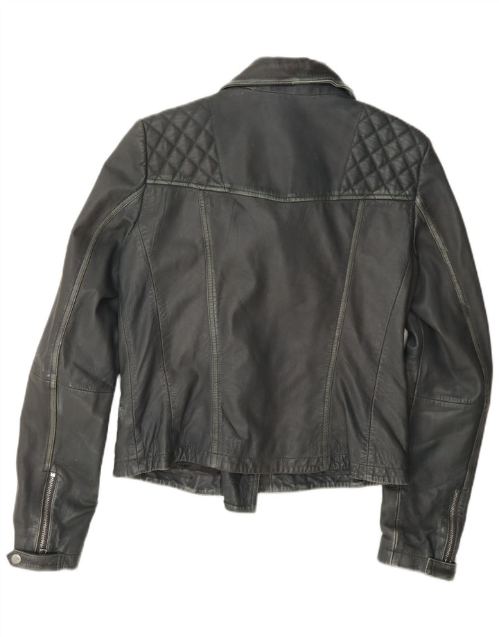 All Saints Chaqueta motera de cuero para mujer UK 42 Gris medio