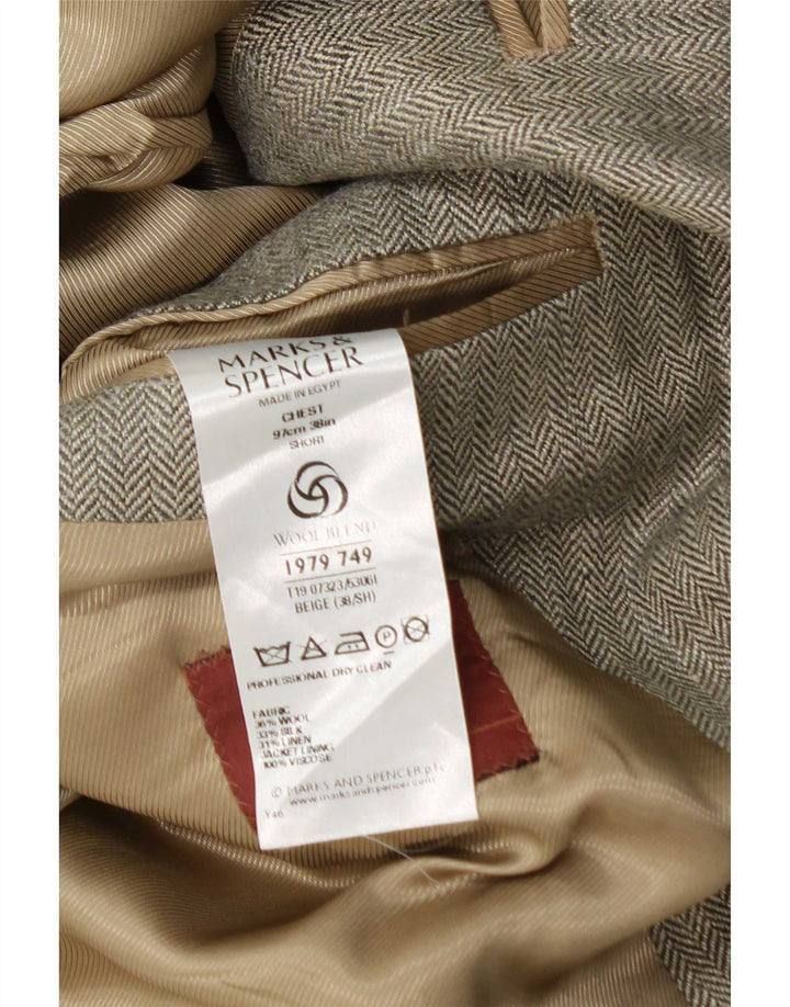 Marks & Spencer Mens Blazer Jacket UK 38 Medium Beige Herringbone Wool
