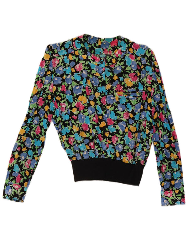 Vintage mujer manga larga blusa Top Reino Unido 10 pequeño multicolor floral