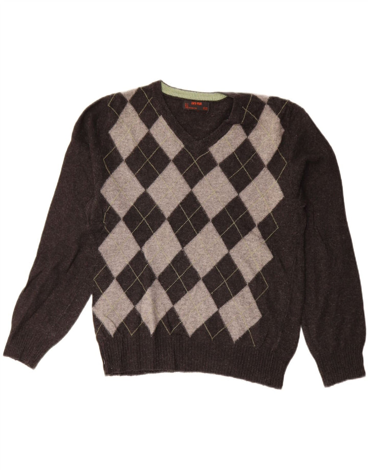 ZARA Mens V-Neck Jumper Sweater Medium Grey Argyle/Diamond Wool