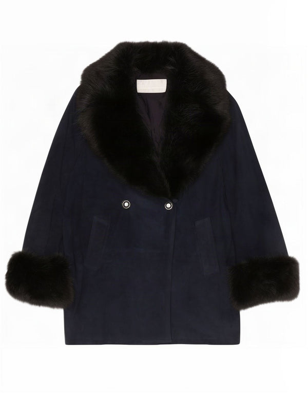 Pancaldi & B Dame Ruskind Dobbeltradet Frakke UK 18 XL Navyblåt fåreskind