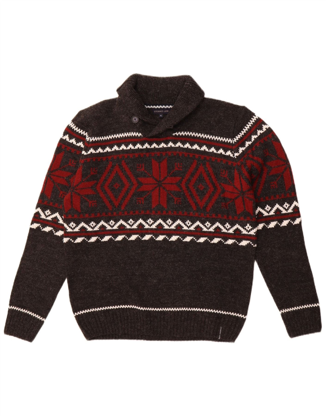 Vintage Mens Shawl Neck Jumper Sweater Medium Grey Fair Isle