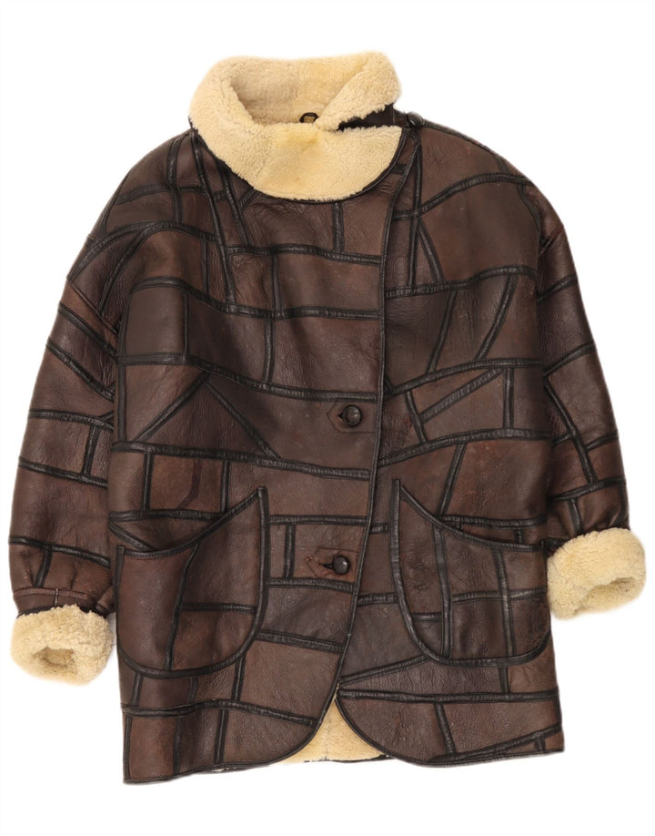 Cappotto vintage in shearling da donna UK 18 XL Patchwork marrone