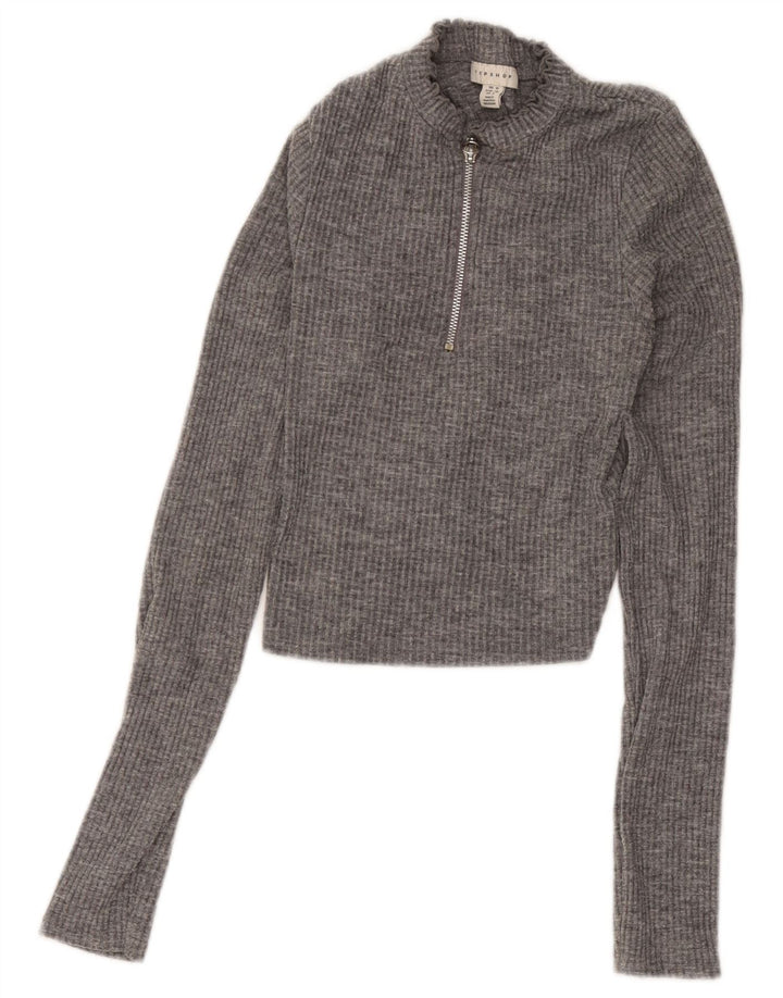 Topshop Dame Zip Neck Crop Top UK 10 Small Grey Flecked Polyester