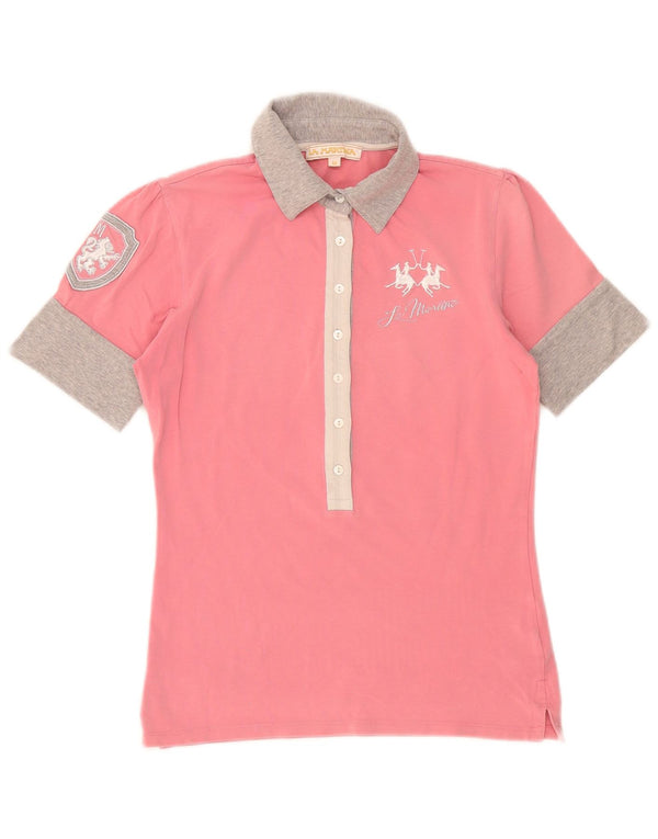 La Martina Womens Graphic Polo Shirt UK 12 Medium Pink Colourblock Cotton