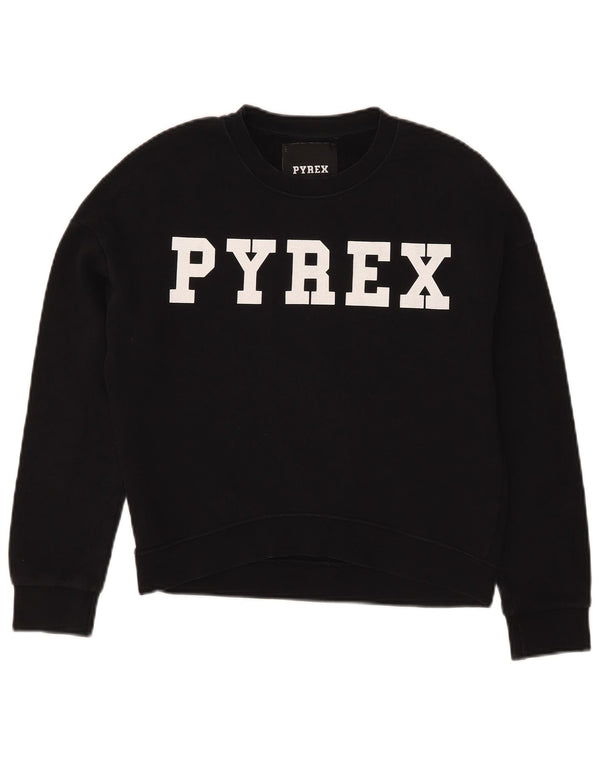 Pyrex Womens Oversized Crop Graphic Sweatshirt Jumper UK 6 XS Black Cotton