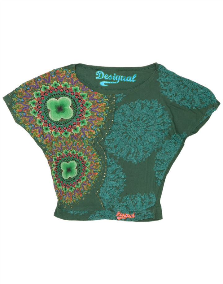 Desigual Womens Oversized Graphic Batwing Blouse Top UK 14 Medium Green