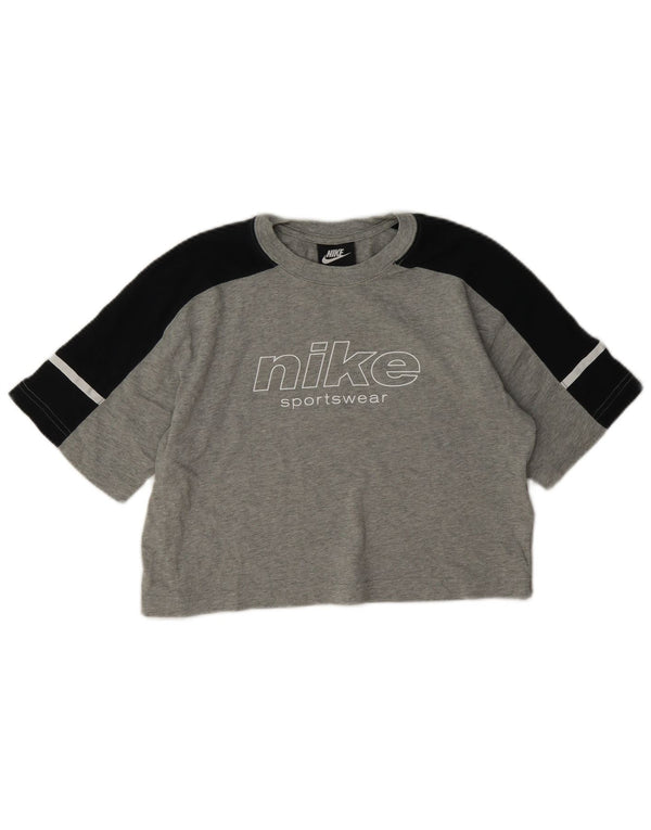 Nike Damen Crop Graphic T-Shirt Top UK 8 Small Graue Colourblock-Baumwolle