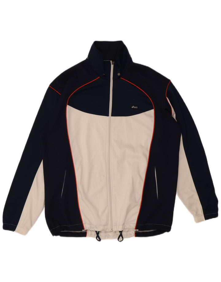 Asics Mens Tracksuit Top Jacket Large Navy Blue Colourblock Polyester