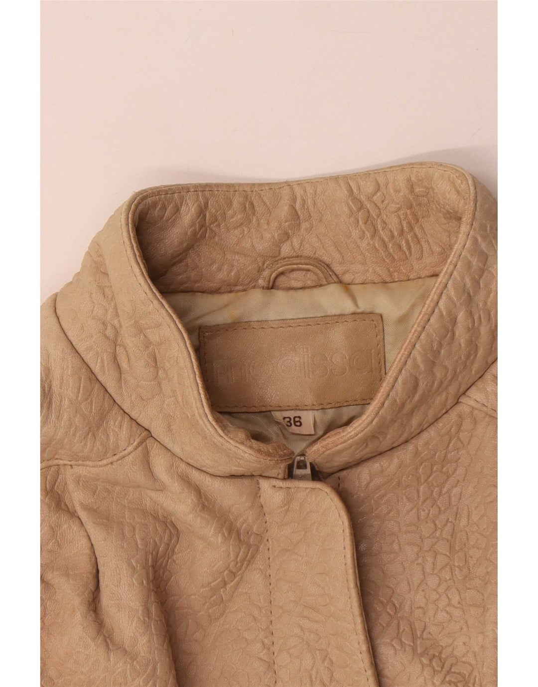 Vintage Womens Oversized Leather Jacket EU 36 Small Beige Animal Print