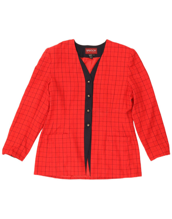 vintage Femmes 4 Bouton Blazer Veste US 12 Grand Rouge Check Polyester