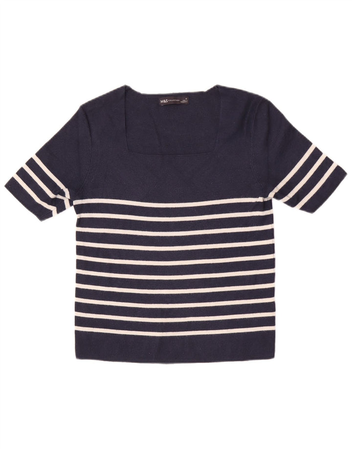 Marks & Spencer Womens Crop Top UK 12 Medium Navy Blue Striped Viscose