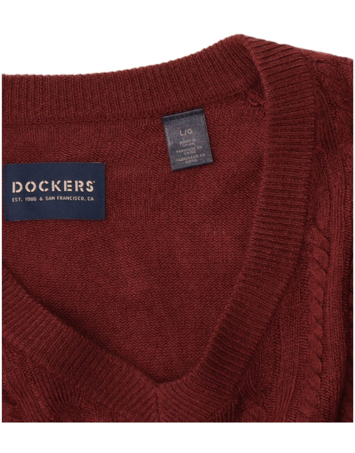 Dockers Mens V-Neck Jumper Sweater Large Maroon Acrylic