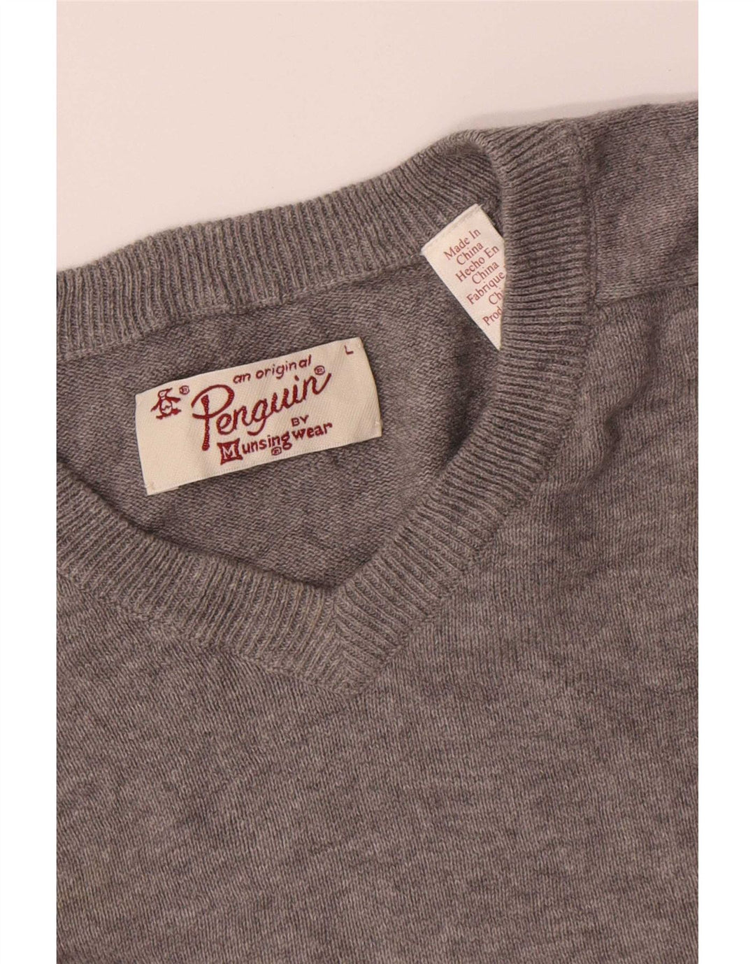 Penguin Mens V-Neck Jumper Sweater Large Grey