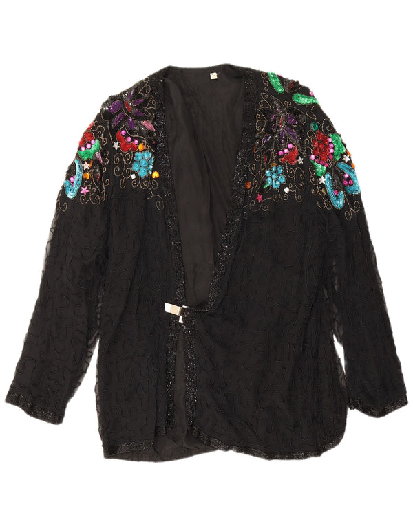 Giacca blazer da sera vintage da donna UK 16 grande seta floreale nera