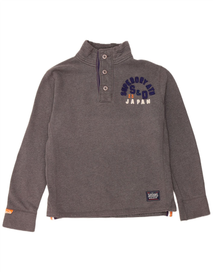 Superdry Mens Graphic Button Neck Sweatshirt Jumper Large Grey Cotton