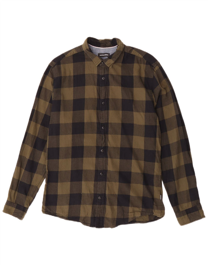 Jack & Jones Mens Flannel Shirt Medium Khaki Gingham Cotton
