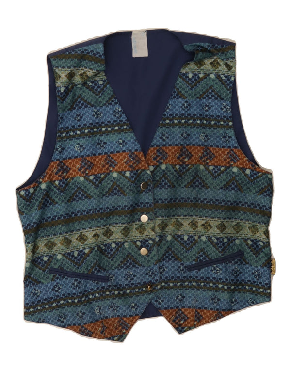 VINTAGE Womens Waistcoat UK 14 Medium Navy Blue Geometric Cotton