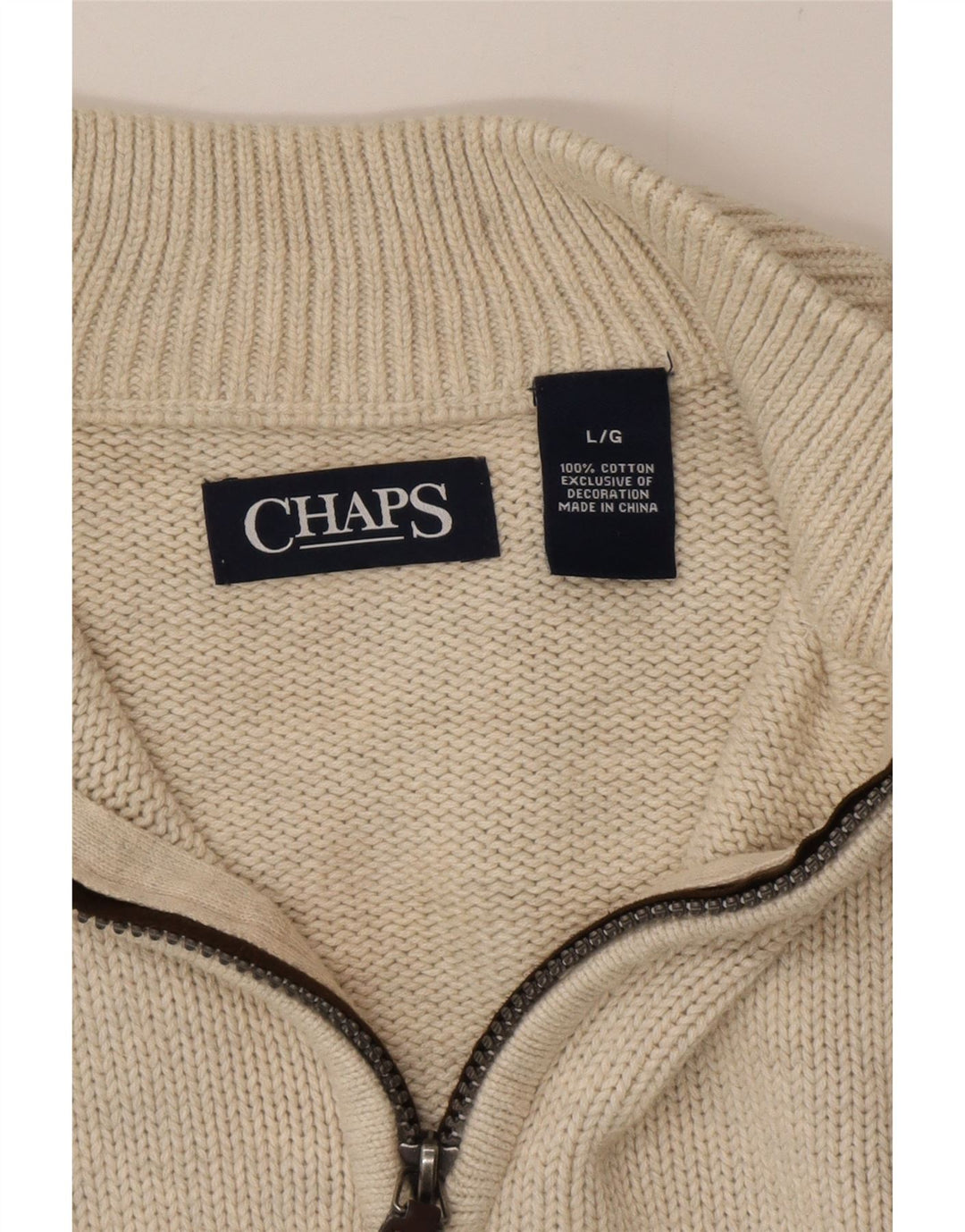 Chaps Mens Zip Neck Jumper Sweater Large Beige Cotton