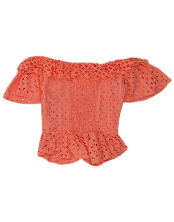 Guess Womens Crop Off Shoulder Top UK 4 XS Pink Bomuld