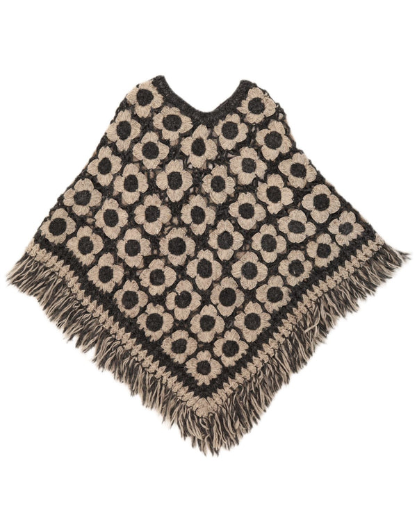 Vintage Damen Poncho Pullover Einheitsgröße Schwarz geblümt