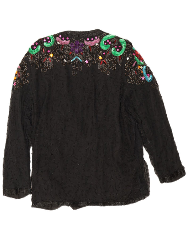 Giacca blazer da sera vintage da donna UK 16 grande seta floreale nera