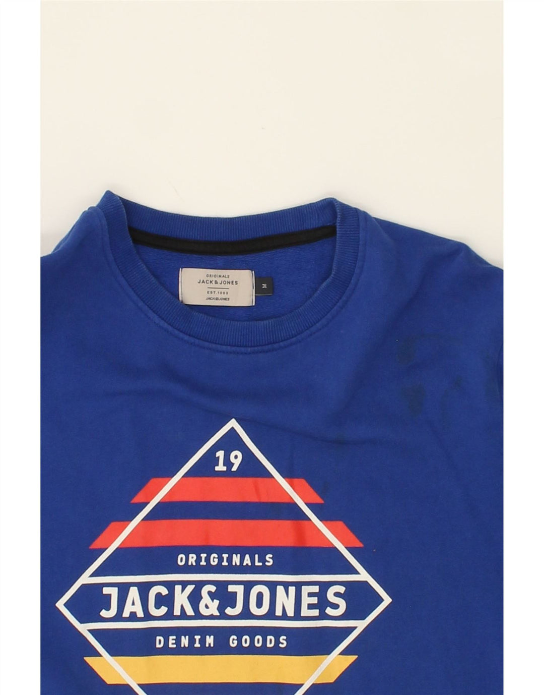 JACK & JONES Mens Graphic Sweatshirt Jumper Medium Blue Cotton Vintage Jack & Jones and Second-Hand Jack & Jones from Messina Hembry 