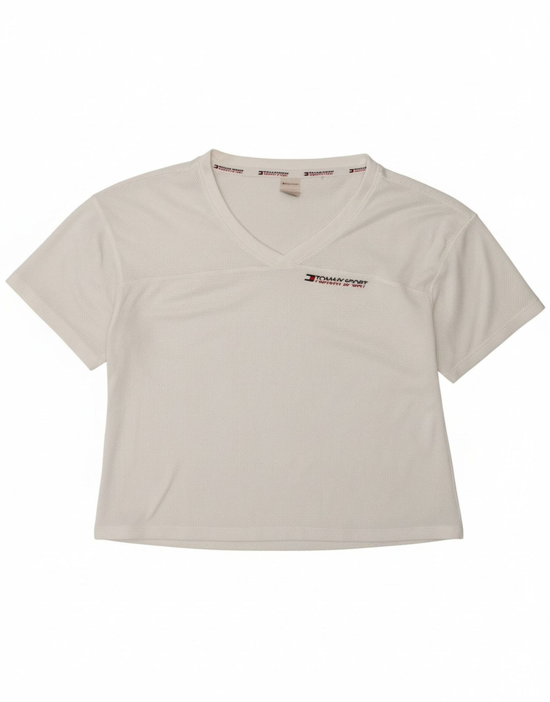 TOMMY HILFIGER Womens Crop T-Shirt Top UK 14 Medium White Polyester Vintage Tommy Hilfiger and Second-Hand Tommy Hilfiger from Messina Hembry 
