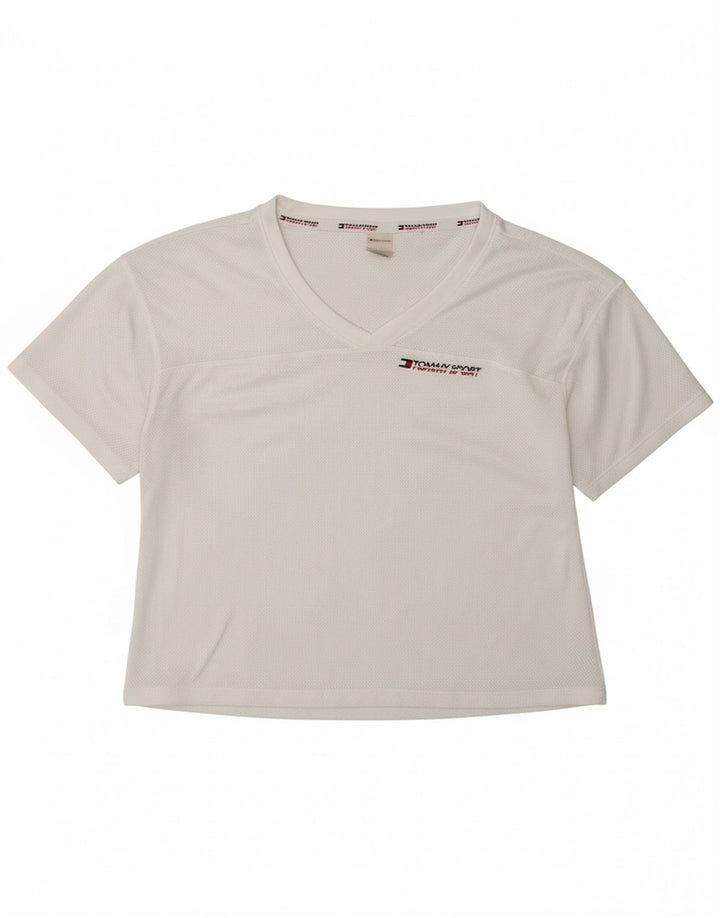 TOMMY HILFIGER Womens Crop T-Shirt Top UK 14 Medium White Polyester Vintage Tommy Hilfiger and Second-Hand Tommy Hilfiger from Messina Hembry 