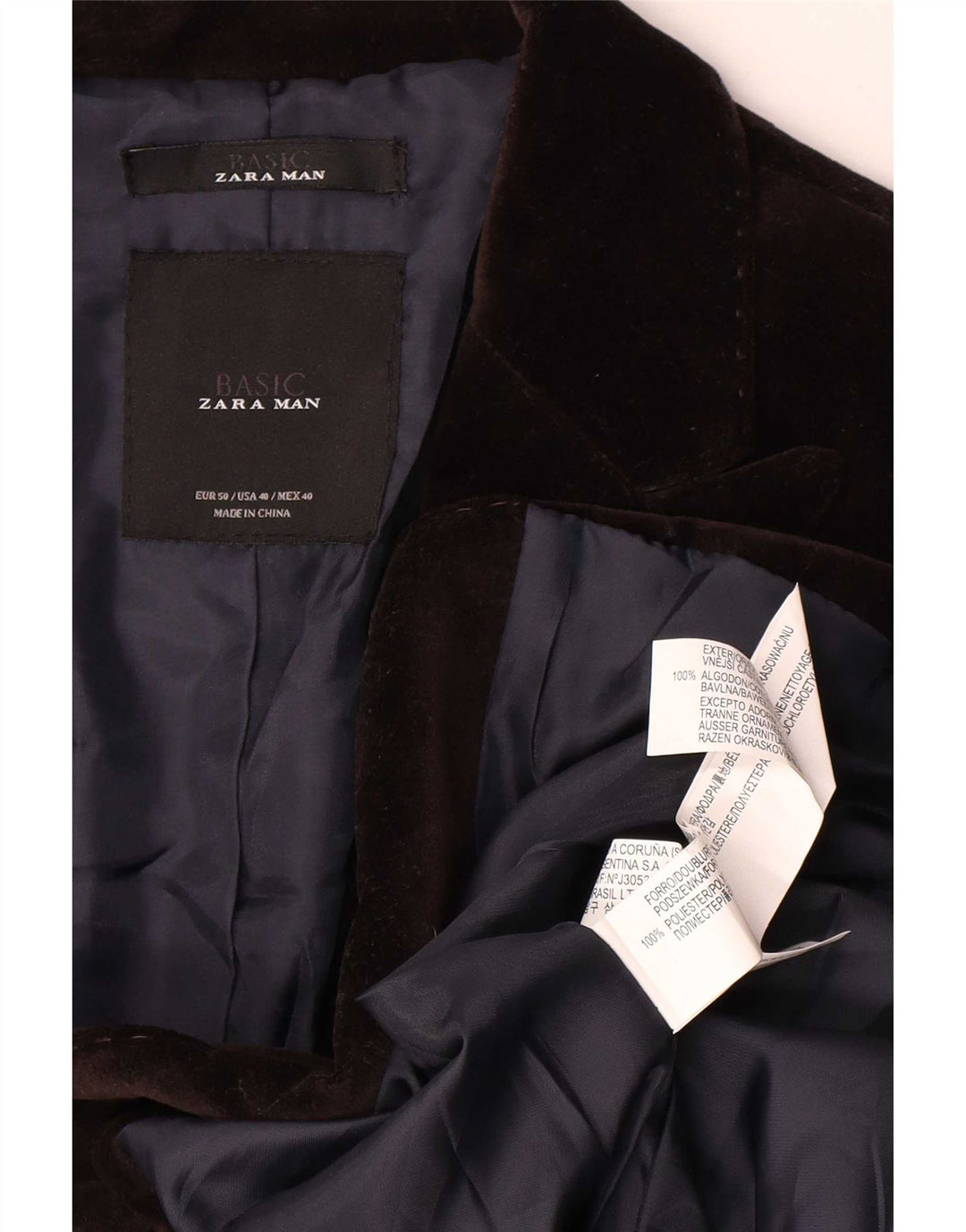 Zara Herre 2-knaps Velour Blazer Jakke EU 50 Medium Brun Polyester