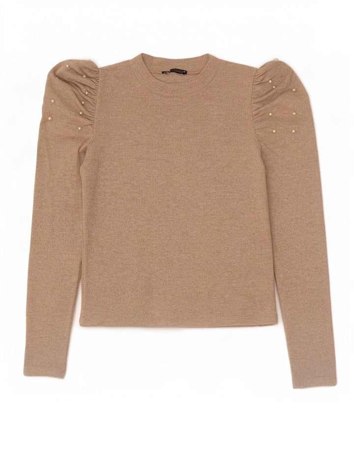 Zara Mujer Blusa De Manga Larga Top UK 42 Medium Beige