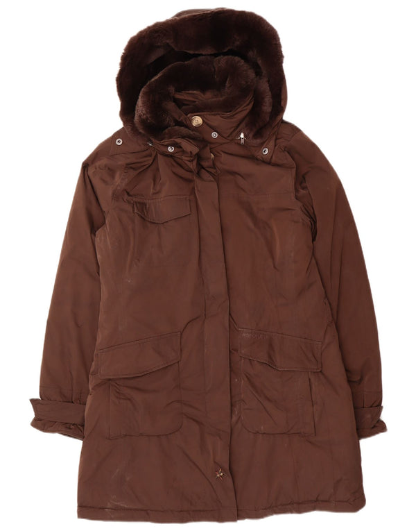 Woolrich Parkajakke med hætte til kvinder UK 14 Medium Brun Polyester