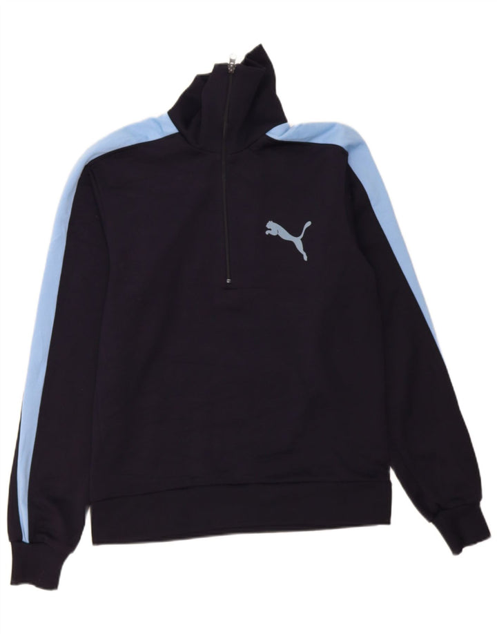 PUMA Mens Graphic Zip Neck Sweatshirt Jumper Medium Navy Blue Colourblock