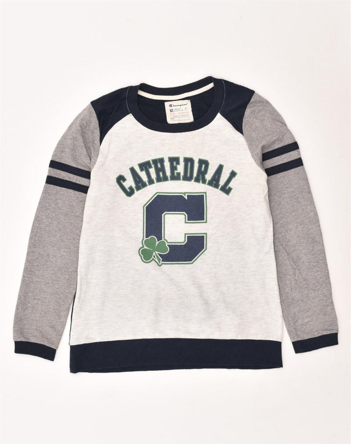 CHAMPION Womens Graphic Sweatshirt Jumper UK 12 Medium Grey Colourblock | Vintage Champion | Thrift | Second-Hand Champion | Used Clothing | Messina Hembry 