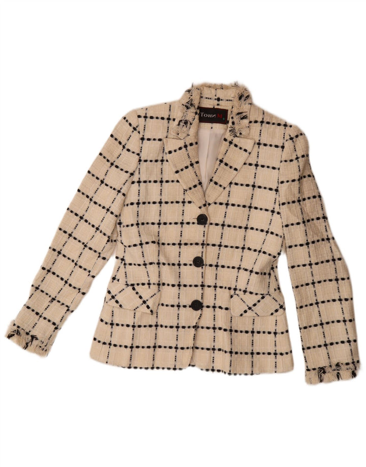 Giacca blazer vintage da donna a 3 bottoni UK 10 piccola lana a quadri bianco sporco
