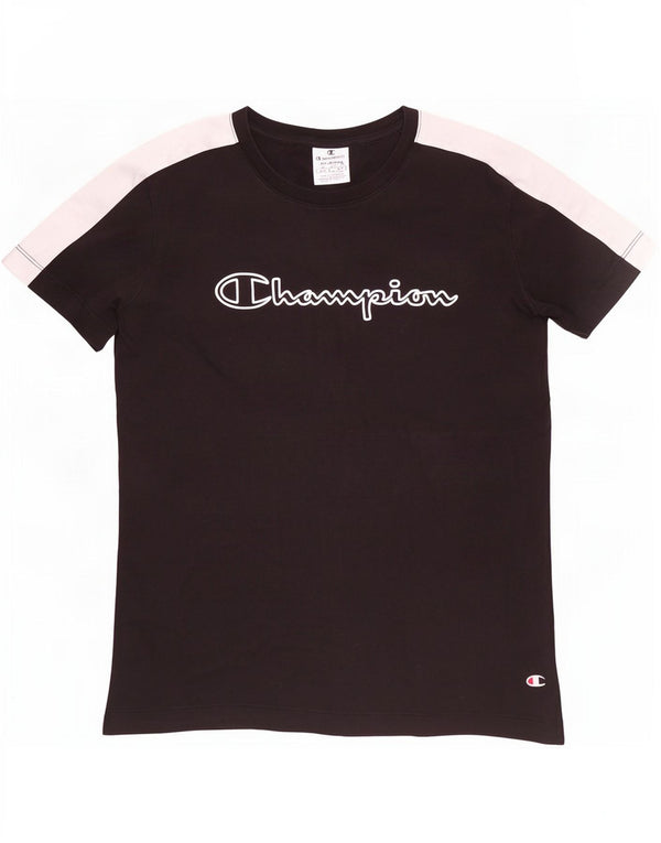 Champion Γυναικείο γραφικό T-Shirt Top UK 12 Medium Black Colourblock