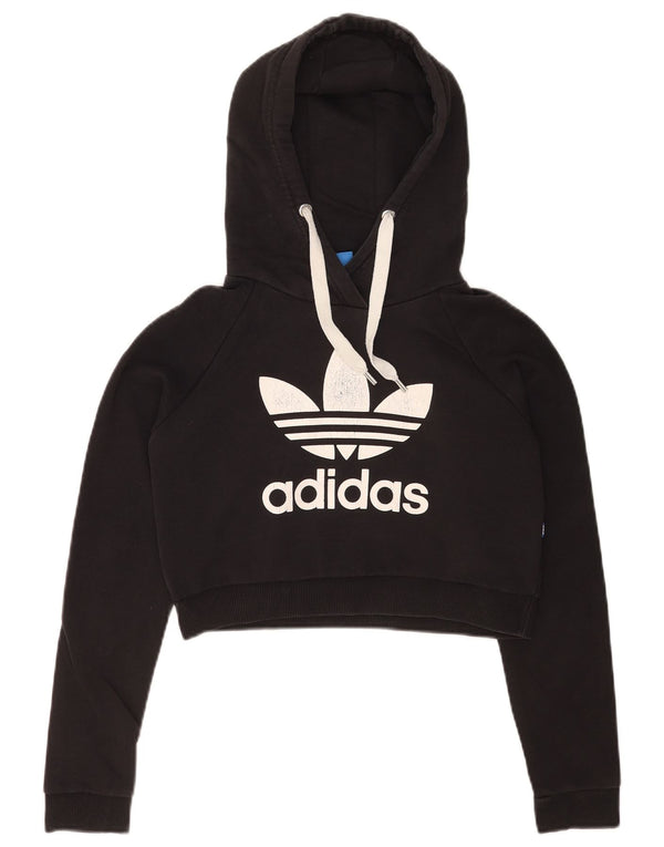 Adidas Womens Graphic Crop Hoodie Jumper UK 8 Small Black Cotton
