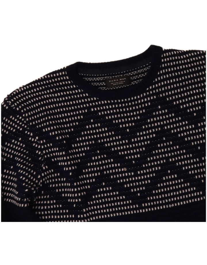 ZARA Mens Crew Neck Jumper Sweater Small Navy Blue Chevron