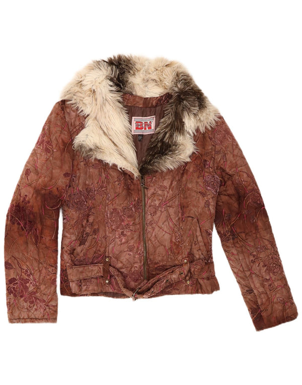 Jaqueta acolchoada feminina vintage UK 10 pequena marrom floral