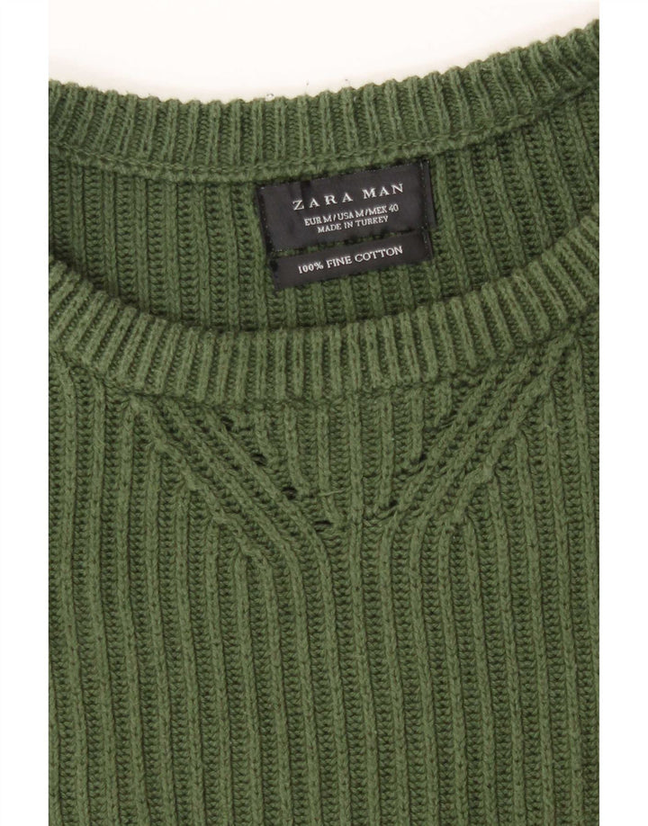 Zara Mens Crew Neck Jumper Sweater Medium Green Cotton
