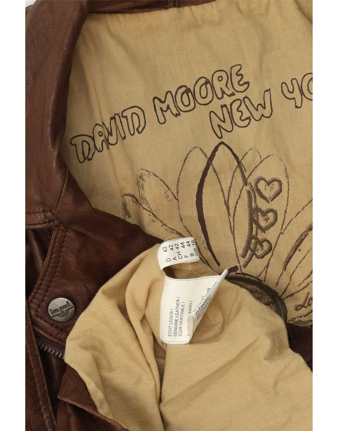 David Moore Læder Biker Jacket UK 16 Stor Brun